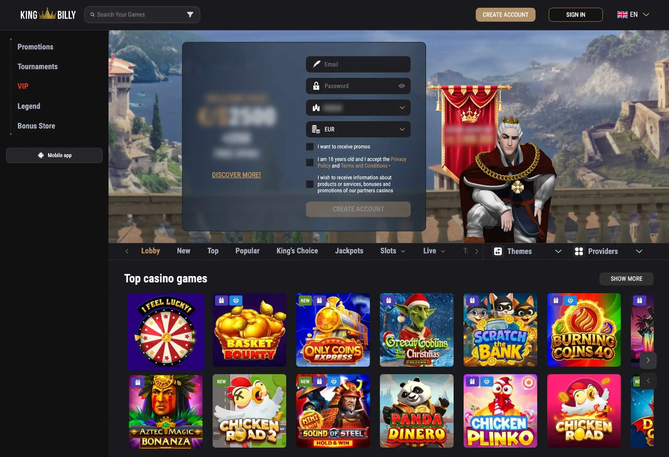 King Billy Casino pokies lobby